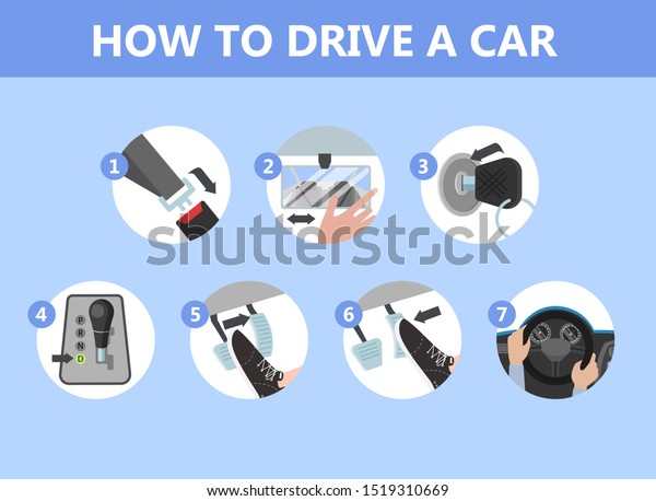 How\
to drive a car instruction for beginner. Safety while driving.\
Rules for safe journey. Isolated flat \
illustration