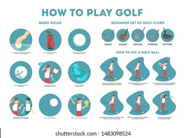 How to play golf guide for beginners. Basic rules and set of golf club. Man player on the field with ball. Golf lesson. Flat illustration - Powered by Shutterstock