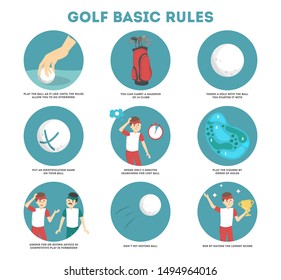 How to play golf guide for beginners. Basic rules. Man player on the field with ball. Golf lesson. Flat illustration - Powered by Shutterstock