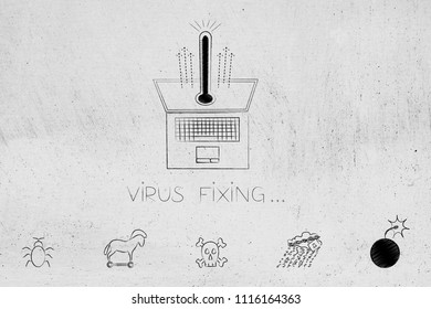 how to prevent or fix computer viruses conceptual illustration: laptop with thermometer popping up and cyber threats icons below it