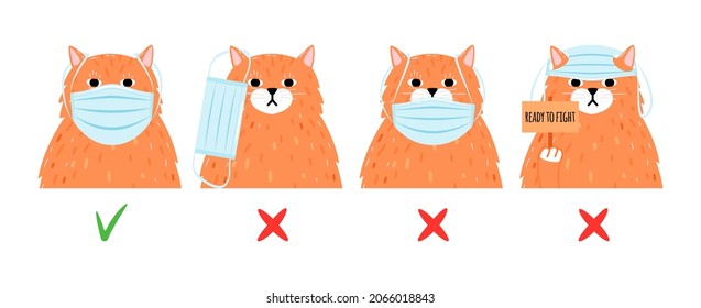 How To Wear Protective Mask. Correct Incorrect Ppe Use, Flu Cold Dust Air Protection Concept