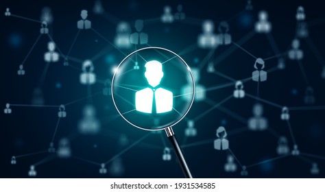 HR management, recruitment, employment, and headhunting concept. Officer looking for employee or leader with magnifier. Magnifying glass and Peoples icons. Depth of Field and 3D Rendering.