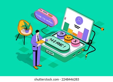 HR process concept in 3d isometric design. Man choosing online resume of best candidates and applicants at interview. Human resources. Isometry illustration with people scene for web graphic