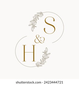 HS Logo initials wedding monogram logo design in simple brown circle leaf frame