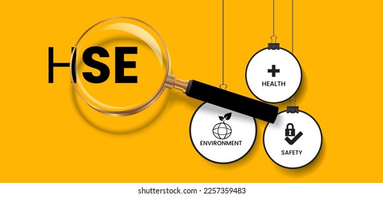 HSE, Health Safety Environment Illustration banner with icons of Health, Safety and Environment. Magnifying glass on the text HSE on yellow background. - Powered by Shutterstock