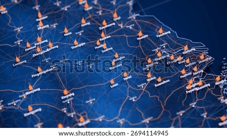 Huainan map big data visualization. Futuristic map infographic of city in China. Visual map data complexity in modern blue and orange colors. 3D Illustration
