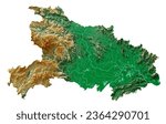 Hubei. A province of China. A highly detailed 3D rendering of a shaded relief map with rivers and lakes. Colored by elevation. Pure white background.