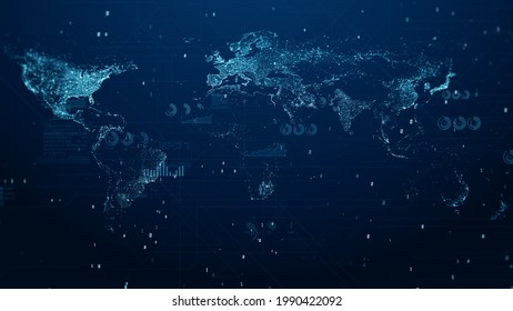 HUD And Digital Cyberspace With Charts And Technology Digital Data Global Network Connections Background Concept. 3d Rendering