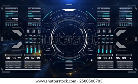 HUD Futuristic UI Control Interface Screen Panel Motion Background. Abstract Particle Organic Wave Floating Background In Hi Technology Future Frame Illustration.
