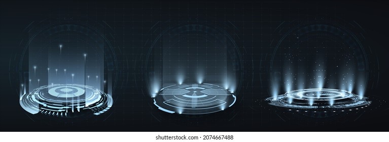 HUD, GUI Futuristic Portal, Hologram. Futuristic Set Circles Virtual Interface Elements. Level Up Effect. Realistic Teleportation Portal. Abstract Technology Communication Design Innovative Background