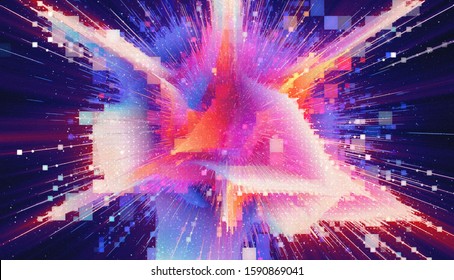 HUD  Matrix particles grid. Virtual reality. Grid core. Magic explosion star with particles. Acceleration race. Glow lines. Colorful flash. Big bang. Light trails. Glitch effect. Deep space.