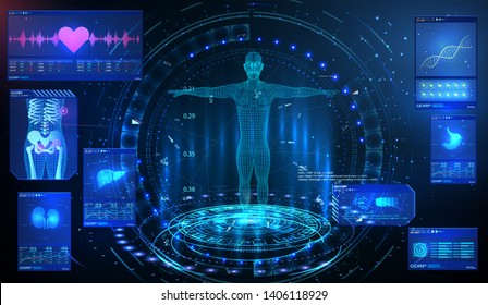 HUD UI GUI  element ui medical examination. Display a set of virtual interface elements. Health technology. MRT futuristic scanning , human body, organs scan Kidneys, liver, heart, lungs, stomach.