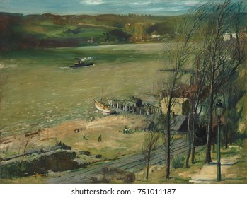 UP THE HUDSON, By George Bellows, 1908, American Painting, Oil On Canvas. Todays Riverside Park Is Under Construction In The Foreground And The New Jersey Palisades Are Across The River