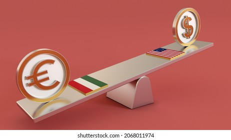 HUF Vs USD Hungary Euro Vs United States Doller Symbol Sign 3D Golden Currency On Seesaw And Both Countrys Flage 3D Render Isolated On Pink Background.