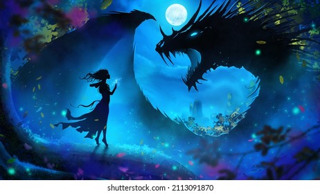 A Huge Angry Spiked Dragon Roars In Rage At A Girl With A Magic Medallion, Who Slowly Gracefully Approaches Him On Tiptoe Along The Tree Root, Night Fog And A Full Moon In A Magical Forest. 2d Art