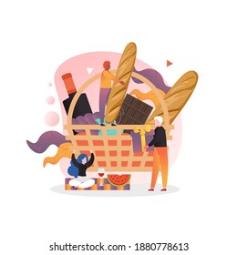 Huge basket with grape, wine bottle, chocolate bar, baguette and happy couple micro characters having bbq party, dating, illustration. Outdoor barbeque picnic, romantic date concept. - Powered by Shutterstock