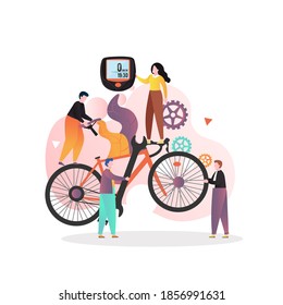 Huge bike and micro male and female characters holding bicycle spare parts, illustration. Bicycle repair and maintenance service composition for web banner, website page etc. - Powered by Shutterstock