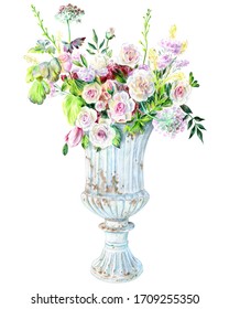 A huge bouquet of flowers in an old stone garden vase. Pencil sketch.