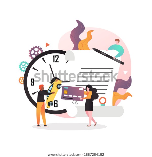 Huge car rental agreement, clock and micro male and\
female characters with yellow automobile, credit card and pen,\
illustration. Car rental booking concept for web banner, website\
page etc.
