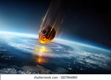 A huge city sized meteor slams into the earth's atmosphere creating shock waves. Mass extinction event 3D science illustration.