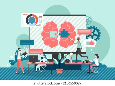 Huge computer monitor with human brain and jigsaw puzzles on screen, micro characters office people team, flat illustration. Brain storm, generating ideas to solve problems, business team.
