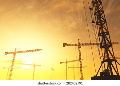Huge Construction Cranes in Industrial Zone in Sunset Sunrise 3D ArtworkConcept of construction, heavy industry, commerce and architecture.