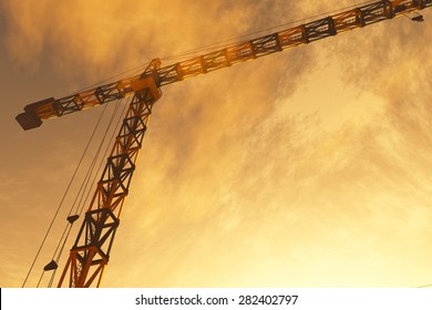 Huge Construction Cranes in Industrial Zone in Sunset Sunrise 3D ArtworkConcept of construction, heavy industry, commerce and architecture.