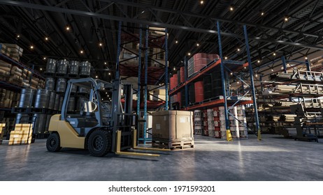 Huge distribution warehouse with high shelves and loader. Products at the warehouse. Warehouse with cardboard boxes inside on pallets racks. 3d illustration - Powered by Shutterstock