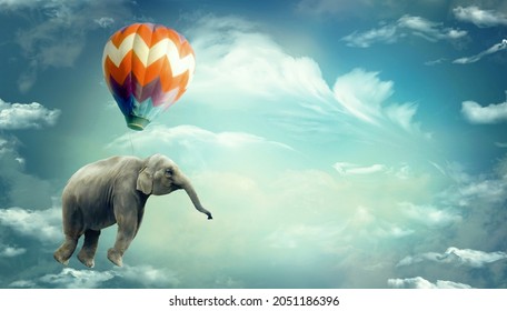 Huge Elephant floating or flying with air balloon with sky and clouds background. Fantastic surreal fantasy illustration. Freedom concept.Imagination.Surrealism. Dream. Banner copy space
