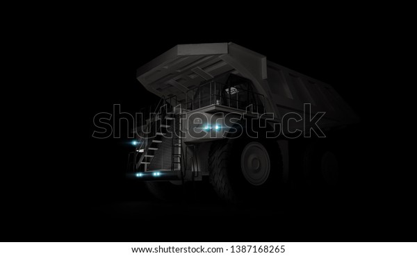 Huge empty mining dump truck isolated on\
black background. Low angle. 3d\
illustration