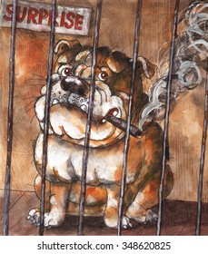 huge English bulldog Smoking a cigar in a cage behind a sign saying "surprise" art background watercolor