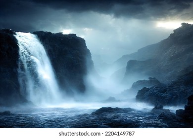 Huge epic waterfall in imagine place. Nature landscape illustration. Used a neural network for drawing. 3d image - Powered by Shutterstock