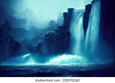 Huge epic waterfall in imagine place. Nature landscape illustration. 3d image - Powered by Shutterstock