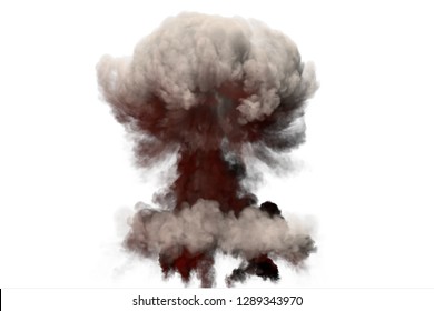 huge fire mushroom cloud explosion with smoke and flames - looks like nuclear bomb or any other big explosive isolated on white background - big blast 3D illustration