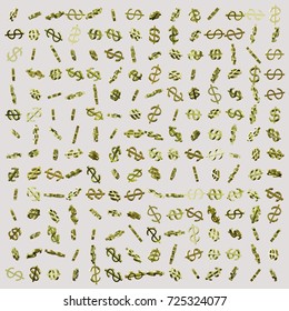 Huge float array of various rotated Gold Dollar Symbols at equal distances on a blank white background. This image is a 3d render.