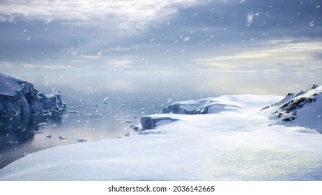 Huge high glaciers in winter natural conditions, the sea in ice, snow and blizzards. Arctic winter snowy landscape. 3D Rendering - Powered by Shutterstock