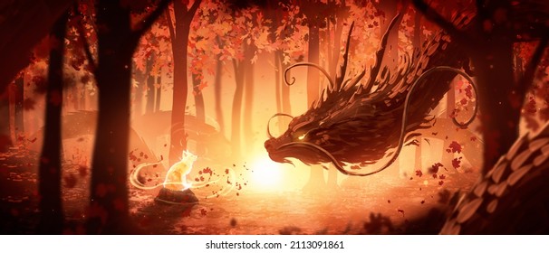 A huge incredibly long forest dragon in oriental style looks curiously at the spirit of a little fox cub sitting on a stone in the autumn orange forest in the rays of the bright sunset sun. 2d art