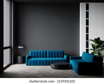 Huge Living Room With Bright Blue Navy Sofas. Black Accent Painting Walls Empty For Art. Mockup Luxury Room Hall Interior Design. 3d Rendering