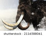 A huge mammoth with a big tusk walks to the destination in the state of the subzero snowstorm. 3D illustration 3D rendering