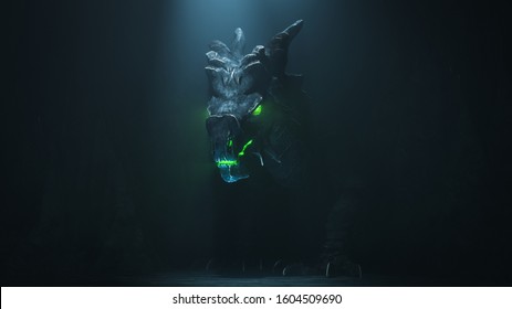 Huge medieval dragon with glowing green eyes and flames in a dark cave. Mythical creature. Concept art of the dragon head in the Gothic style. 3d illustration of the game location of the final boss.