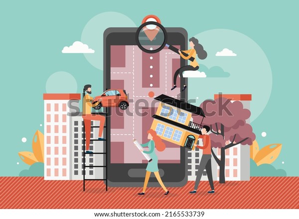 Huge mobile phone\
with navigation map and location pin on screen, people searching\
hotel or place they need. flat illustration. Navigation app, car\
rental, carsharing\
service.