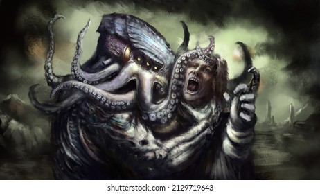 A huge octopus like creature squeezes a screaming man, it has many tentacles and many eyes, its skull is covered with chitinous plates. Digital drawing style, 2D Illustration