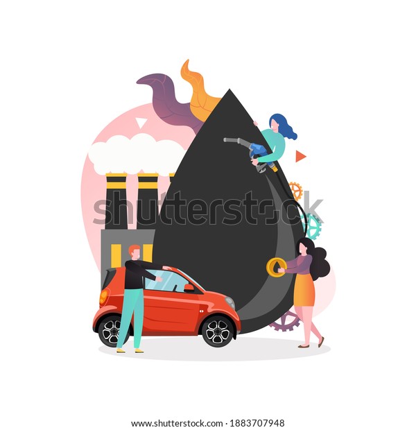 Huge oil drop and micro male\
and female characters, automobile, illustration. Filling or petrol\
station, refueling concept for web banner, website page\
etc.