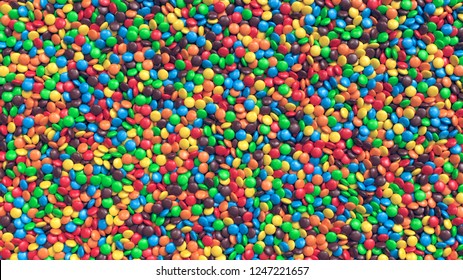 Huge pile of colorful coated chocolate candies background. 3D Rendering.