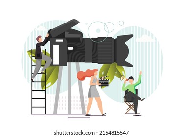 Huge professional video camera and micro characters film crew shooting movie, flat illustration. Videographer, director, girl with clapperboard making film. Cinema industry, movie production.