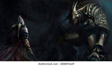A huge rat-like ogre in heavy massive shiny armor uses dark magic, it has huge horns and a mane, and it lacks a nose. Before him is a knight in armor and a cloak with a drawn sword, his hair is braid.