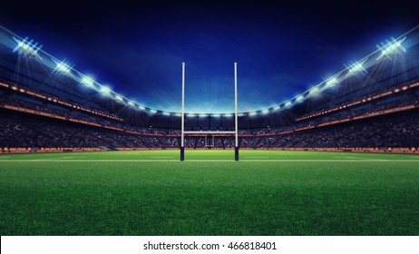 огромный стадион регби с болельщиками и зеленая трава, спортивная тема трехмерная 3D иллюстрация