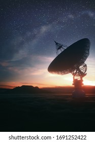 Huge satellite antenna dish for communication and signal reception out of the planet Earth. Observatory searching for radio signal in space at sunset. 3D illustration. - Shutterstock ID 1691252422