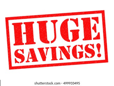 HUGE SAVINGS! red Rubber Stamp over a white background.
