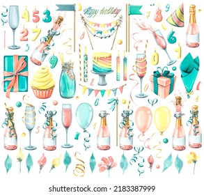 A huge set of objects on the theme of a HAPPY BIRTHDAY, as well as any holiday with champagne, glasses, gifts, sweets, decorations, balloons, lettering and candles. Watercolor illustration - Powered by Shutterstock